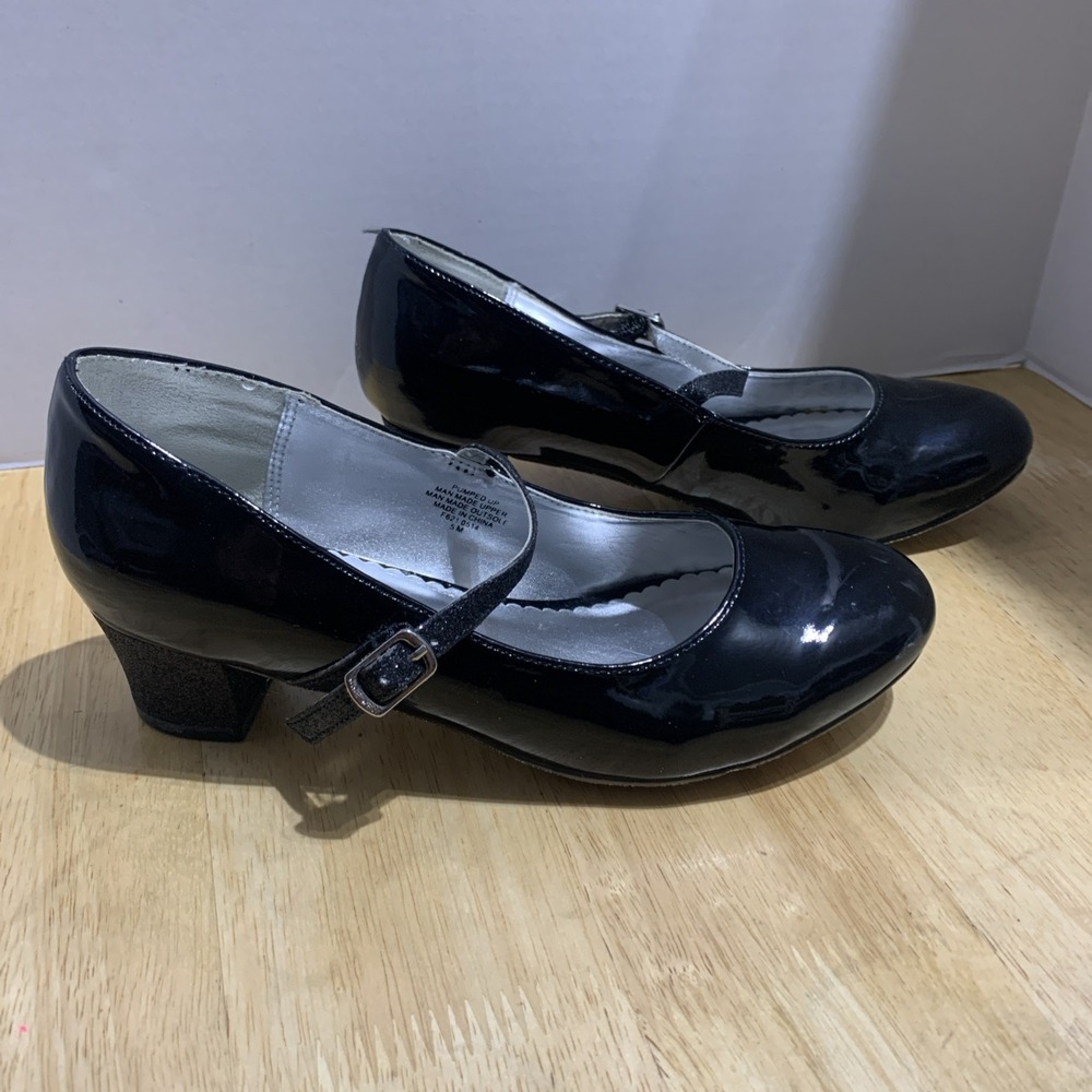 Nine West Heels Dreas Shoes Girls Sz 5M Black Patten Mary Jane Sparkle Glitter